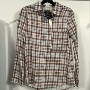 Brown Gray and White Plaid Button Down